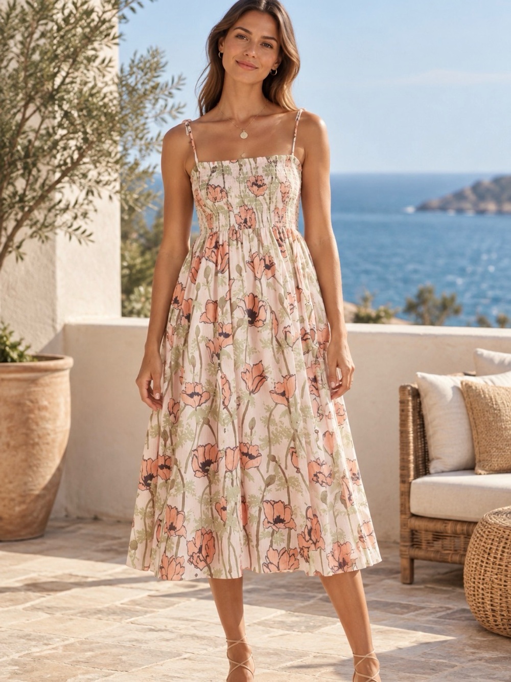 Tory Burch Poplin Midi Pink Poppies Bloom dress Size L
